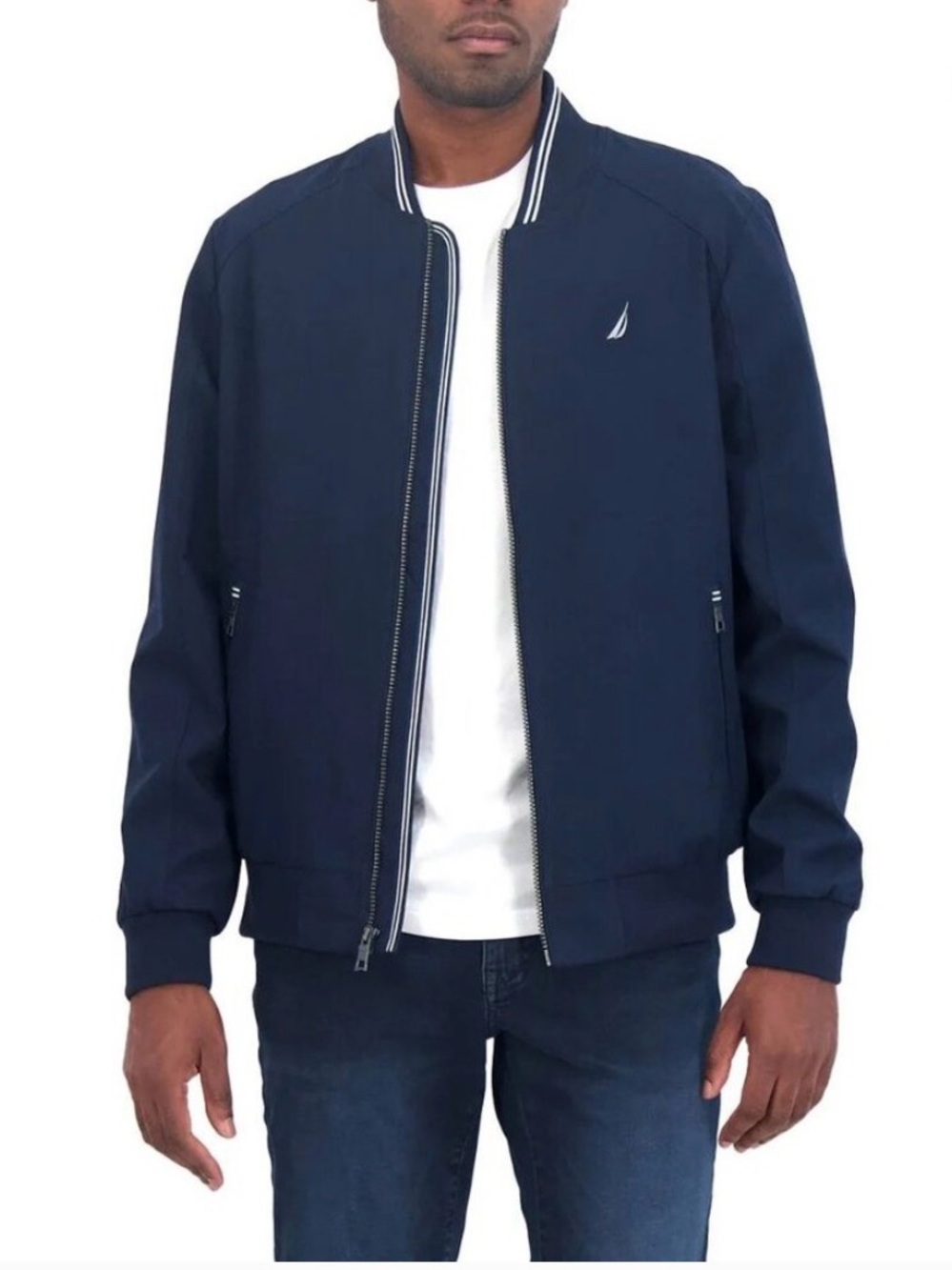 Nautica Navy Zip-Up Bomber Jacket with Striped Collar